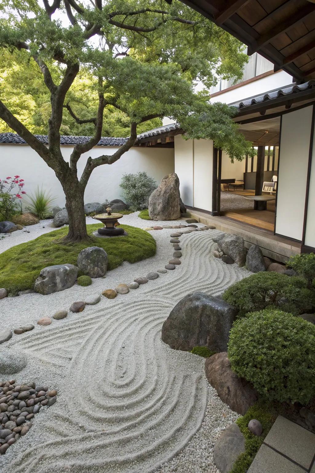 A Zen garden nook delivers a serene escape beneath the tree.