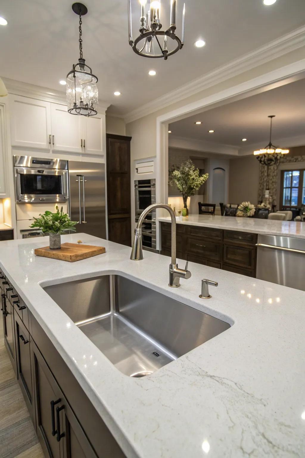 A deep basin undermount sink, ideally suited for accommodating large cookware.