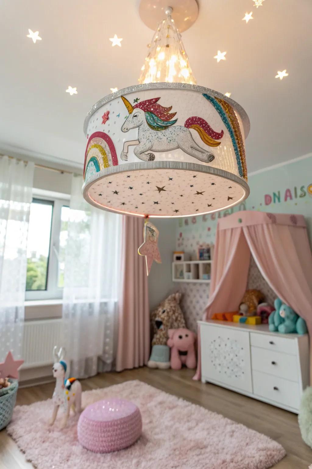 A fantasy creature lighting fixture brightens the space with flair.