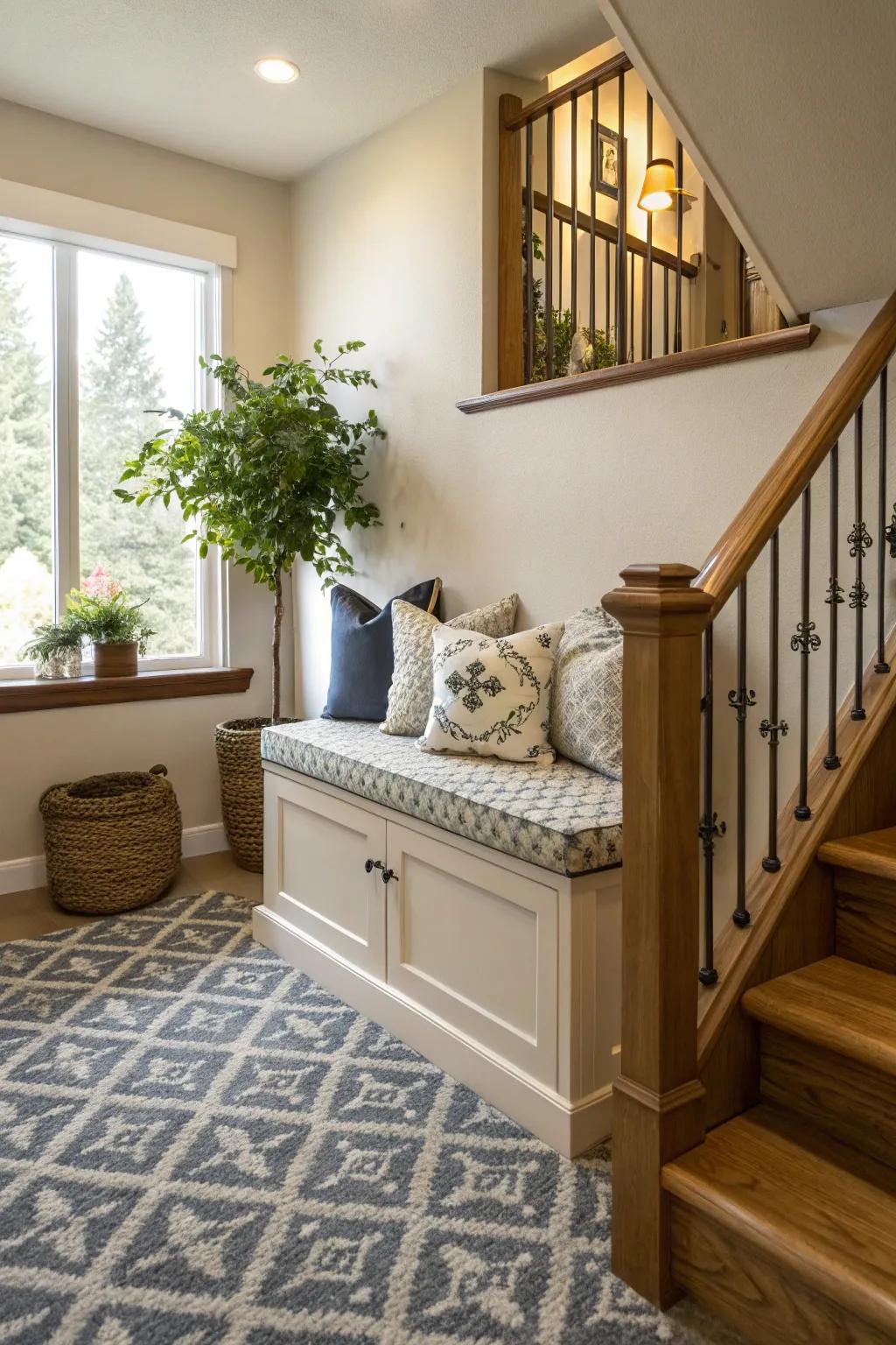 A small bench adds practicality and style to the upper hallway.