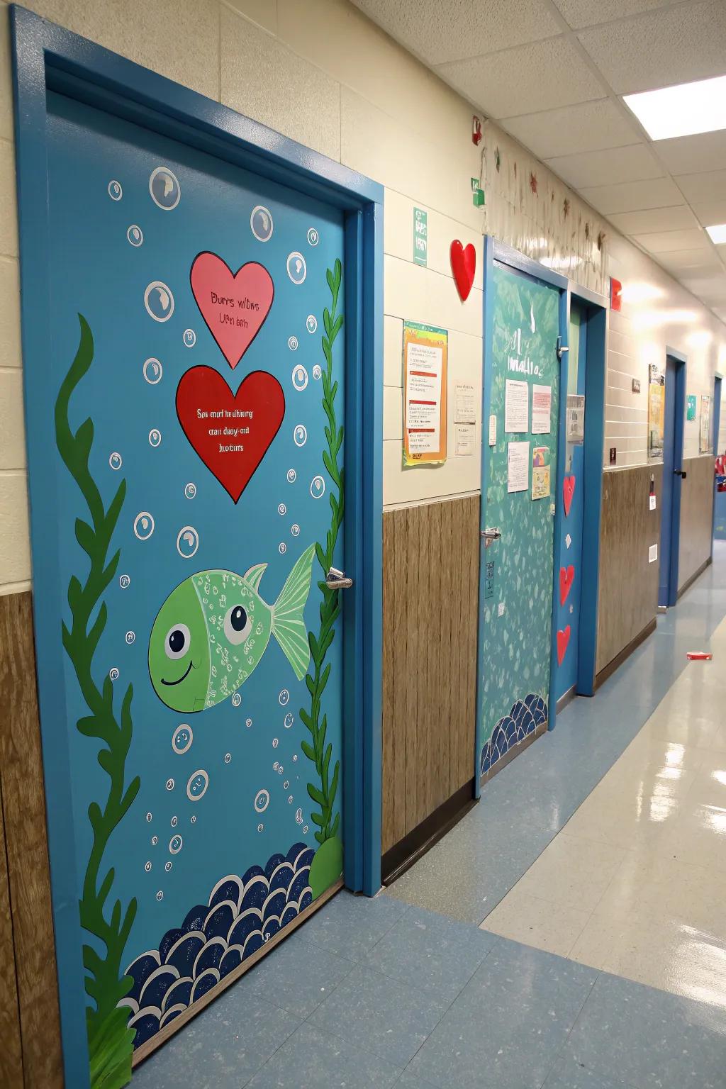 A spirited classroom entrance with an ocean theme, showcasing heart-shaped marine creatures.