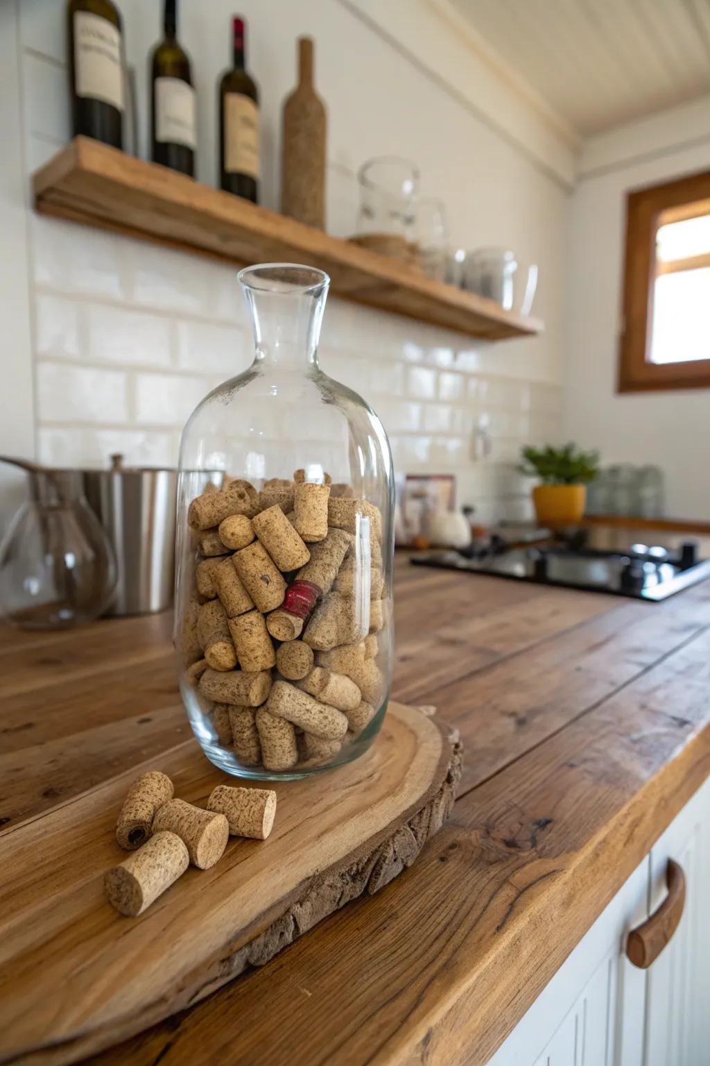 Inject a rustic touch using used stoppers as complements.