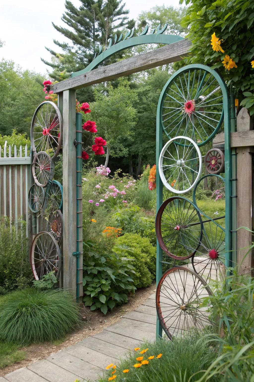 A creative entryway featuring upcycled bicycle wheels.