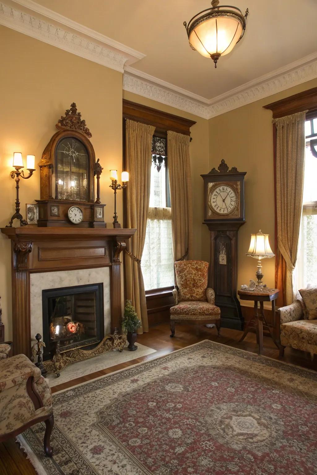 An ancient clock enhances timeless appeal and function to the decor.