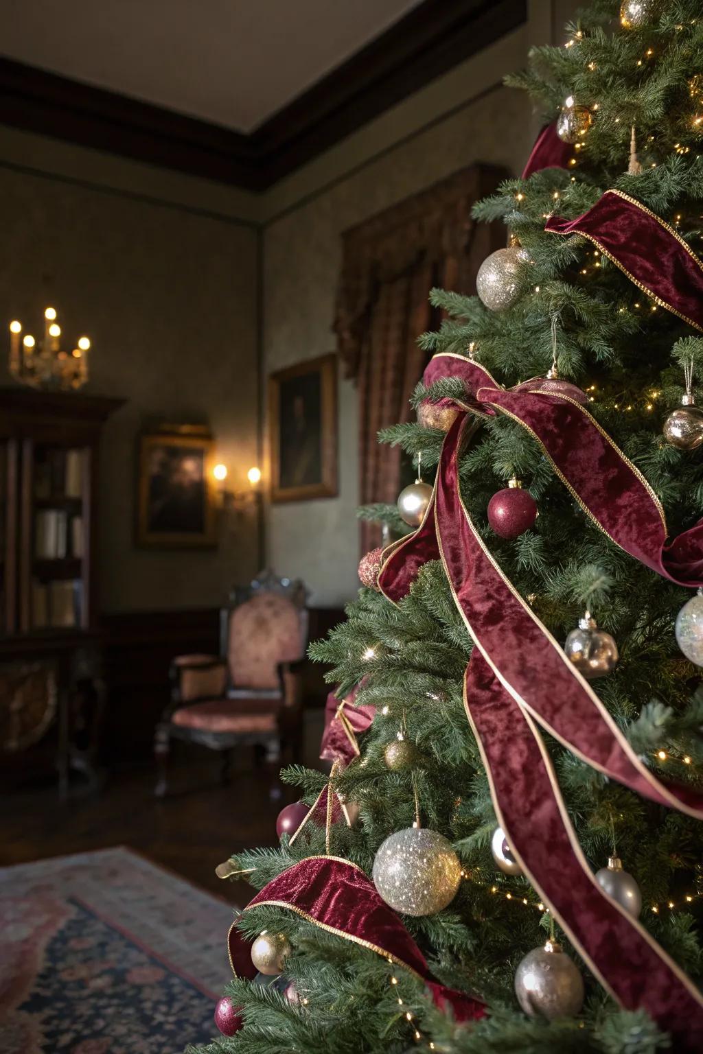 Velvet ribbons create Victorian elegance on this tree.