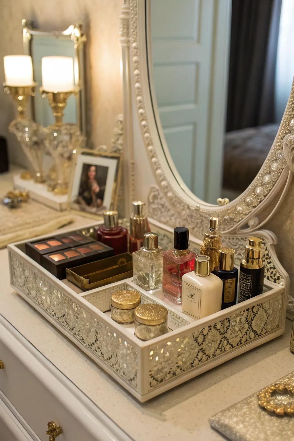 Vintage platters provide elegant arrangement solutions for your vanity.