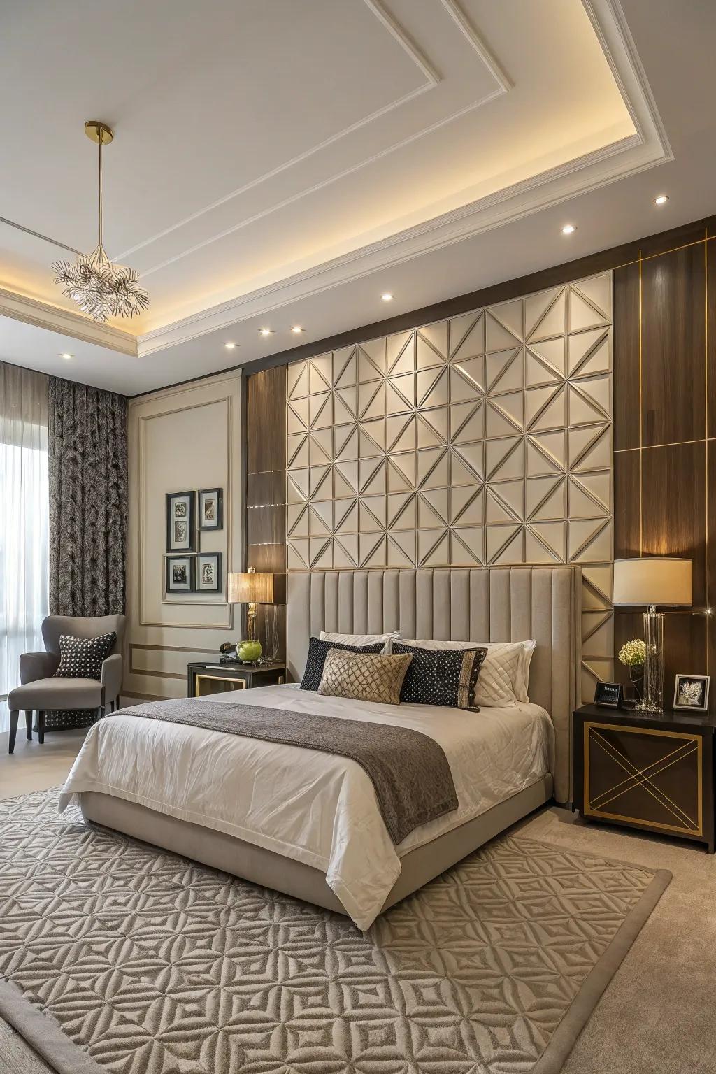 Symmetrical molds in paneling create a daring, artistic declaration.