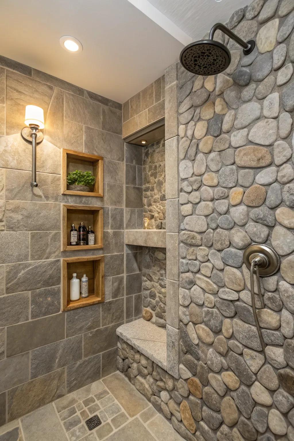 Rock shower enclosure with concealed grooves for storing.