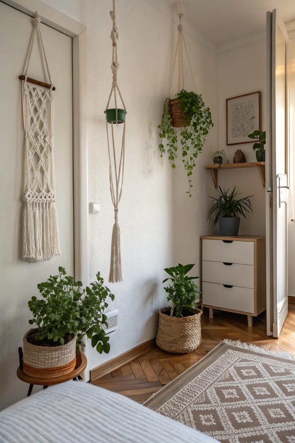 Knotted plant hangers are great for smaller spaces.