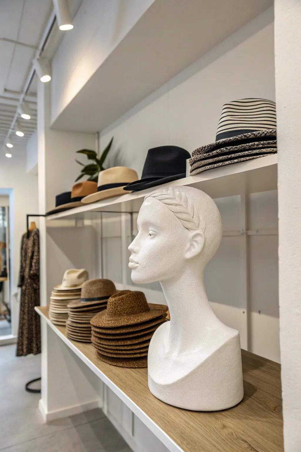 A minimalist hat display with stacked hats