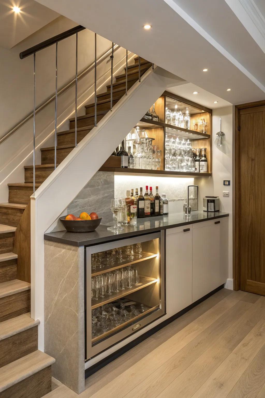 A mini bar beneath the staircase is excellent for entertaining.