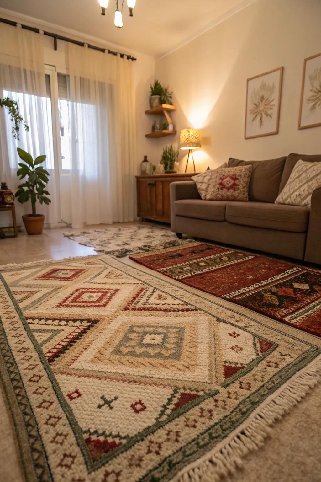 Layered ground coverings infuse depth and warmth into a neutral living area.