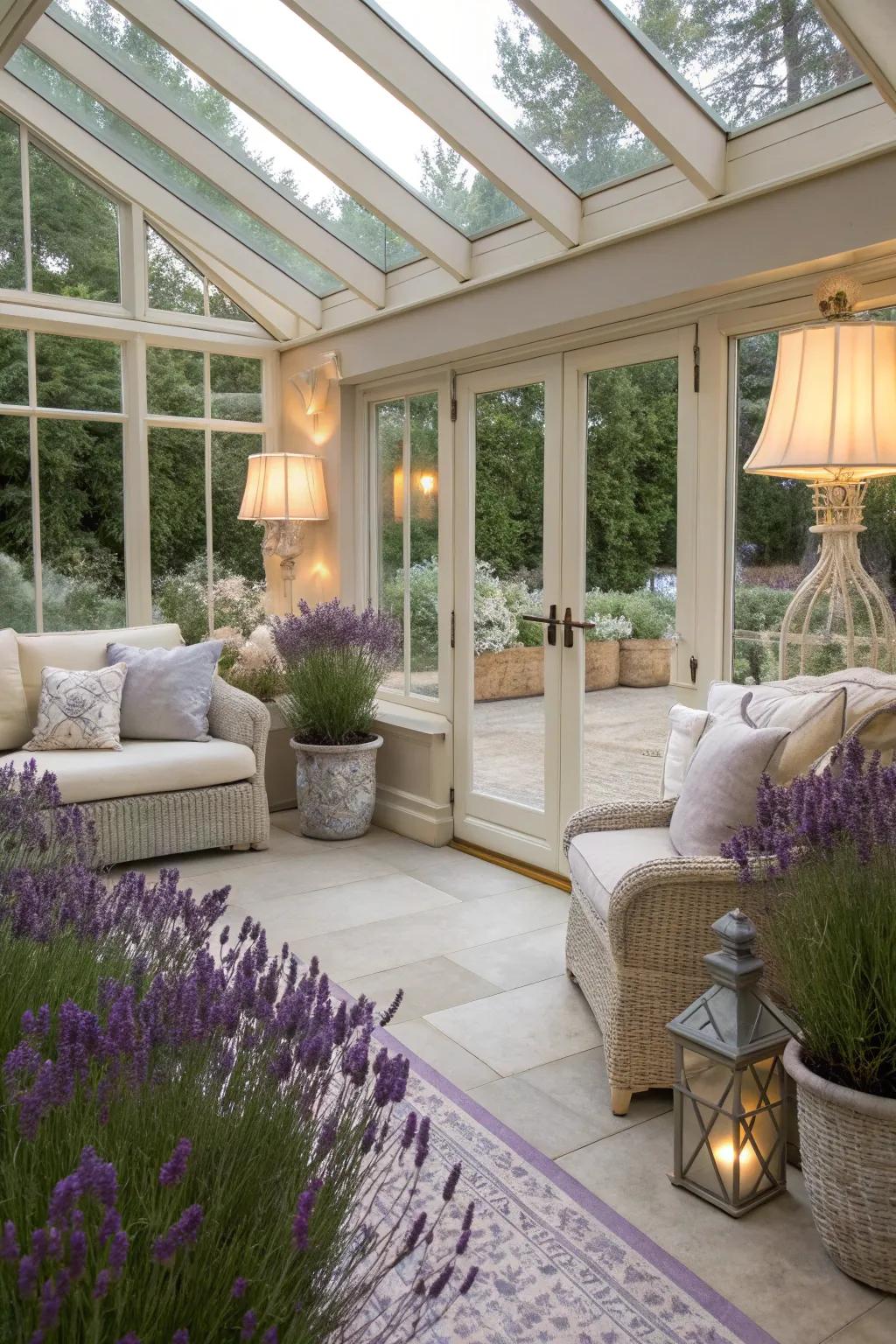 Sunroom with floral walls, exuding serenity and panache.