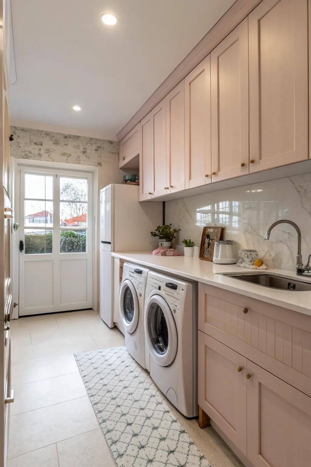 Neutral color schemes create a harmonious kitchen environment.