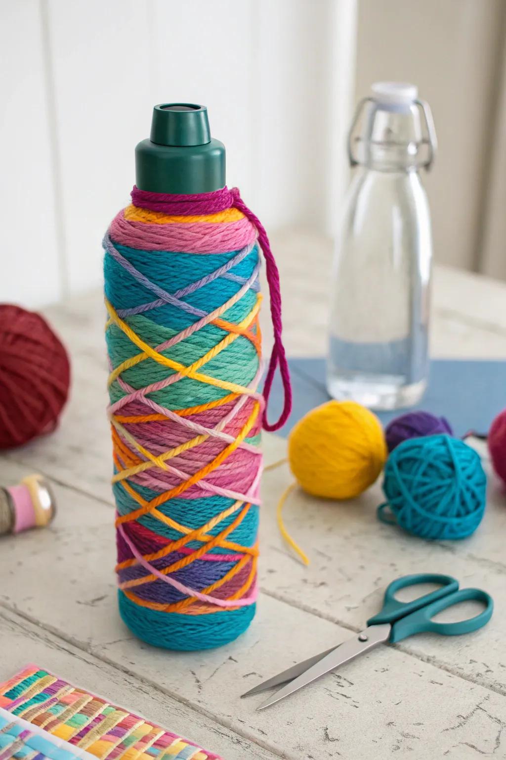 A playful beverage container entwined in radiant yarn.