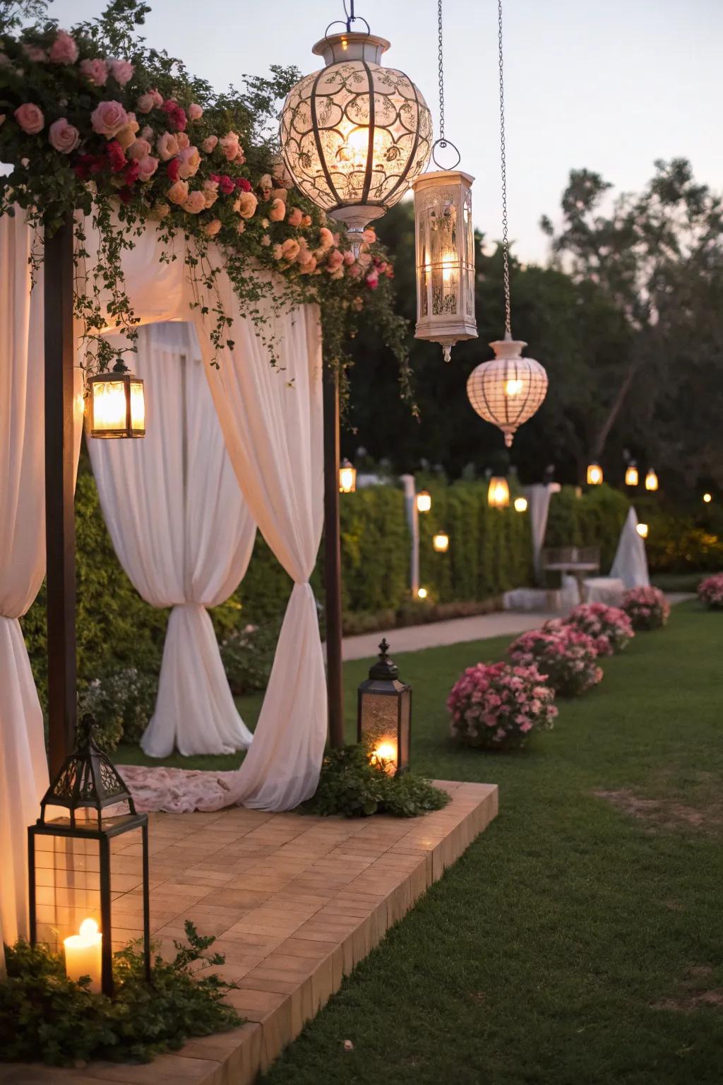 Cozy atmosphere with hanging lanterns.