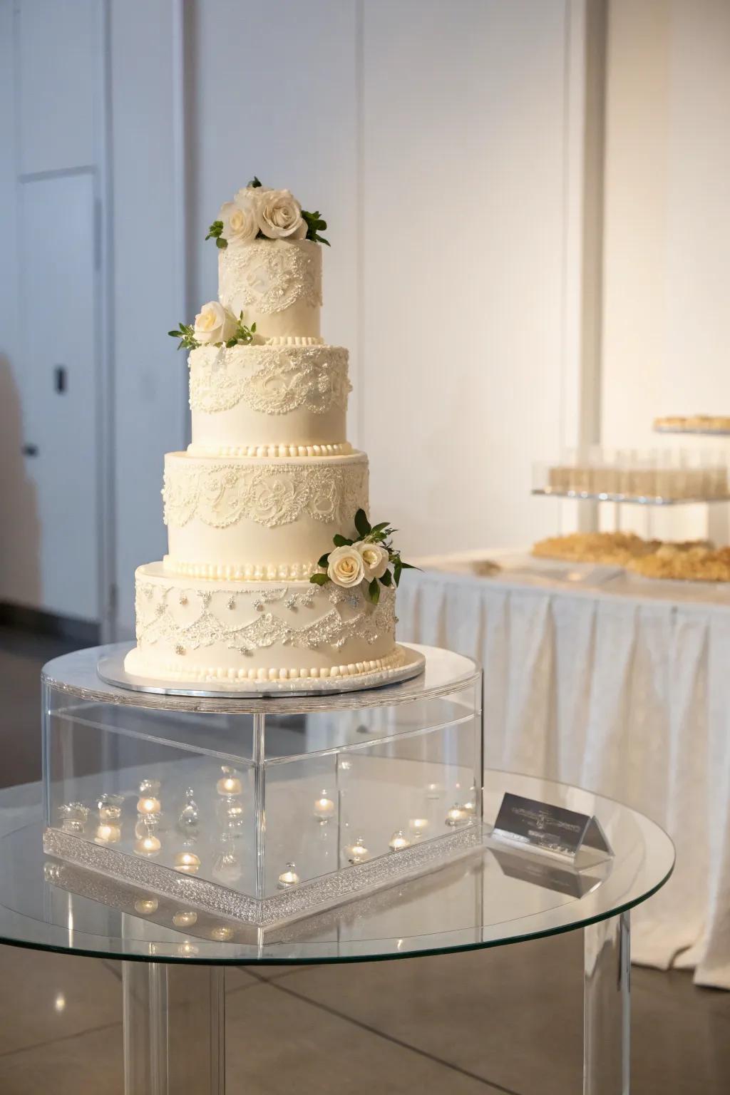Lucite platforms introducing a modern accent to the wedding cake display.
