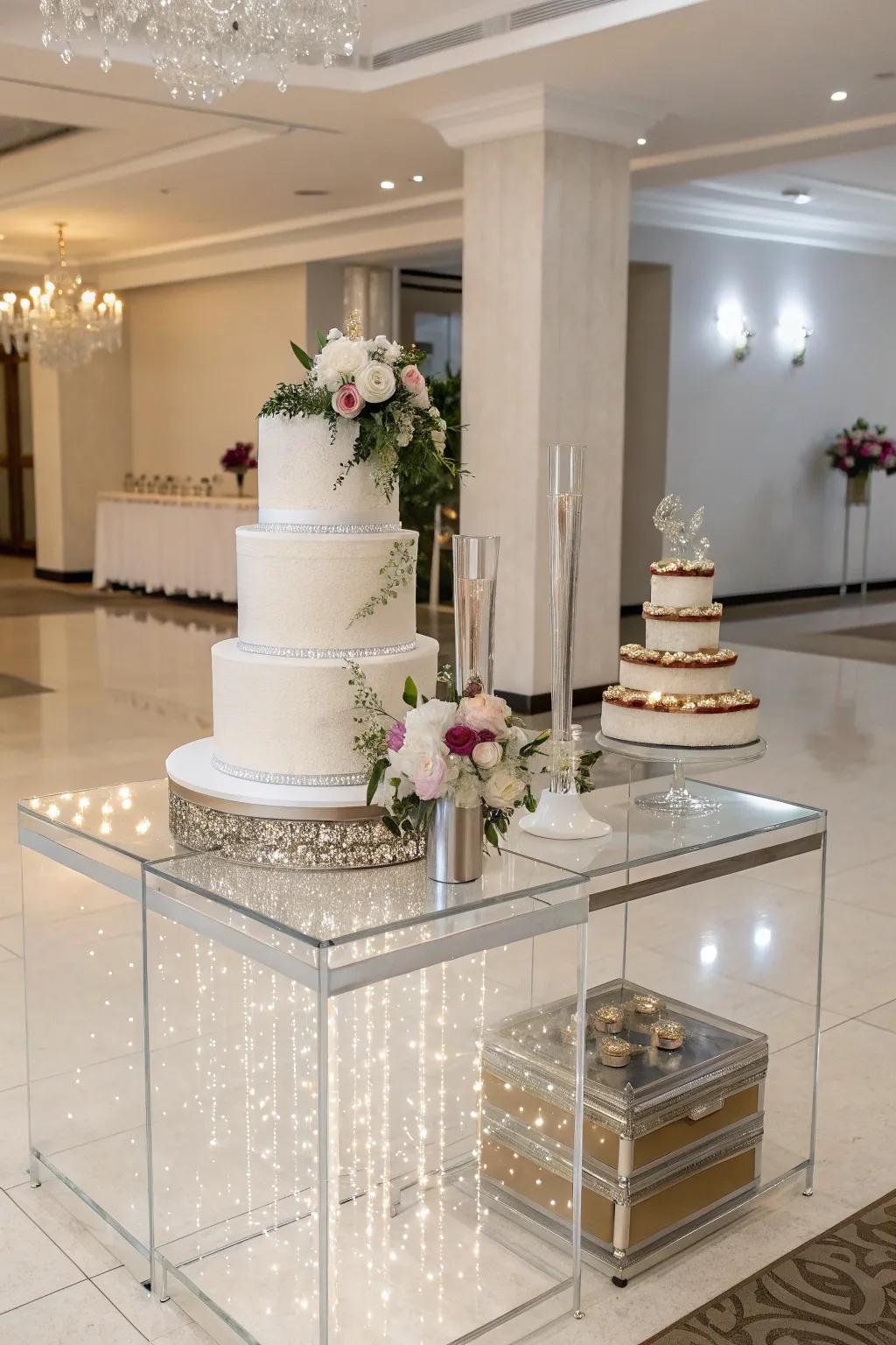 A modern wedding cake table with sleek acrylic accents.