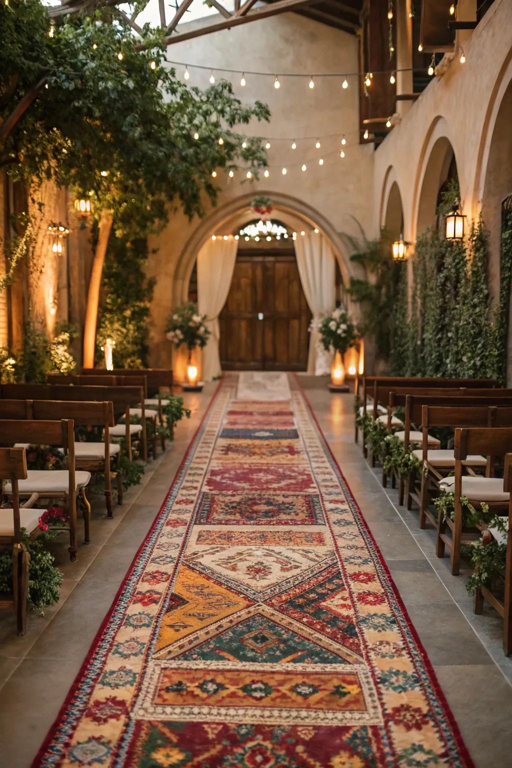 A wedding aisle decorated with vintage fabrics, adding a bohemian chic touch to the event.