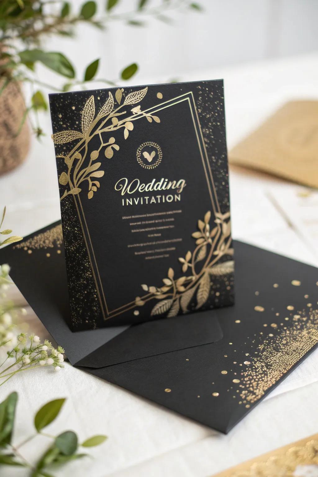 Announcement with gilded accents on a charcoal card.