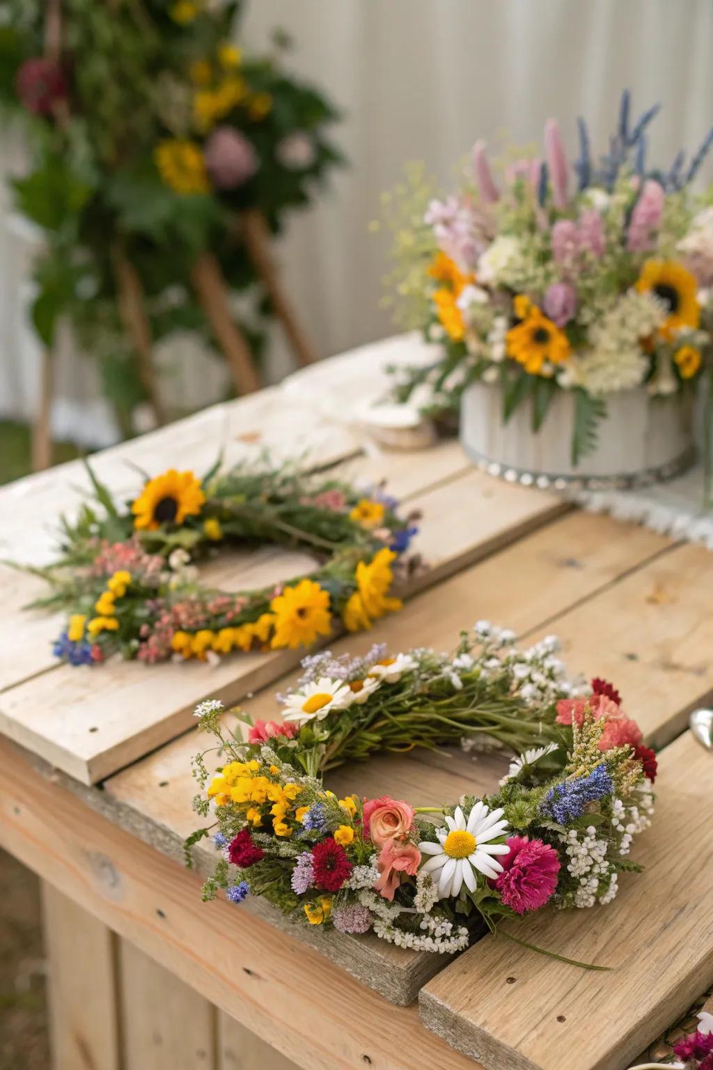 Floral crowns include a whimsical touch to the event.