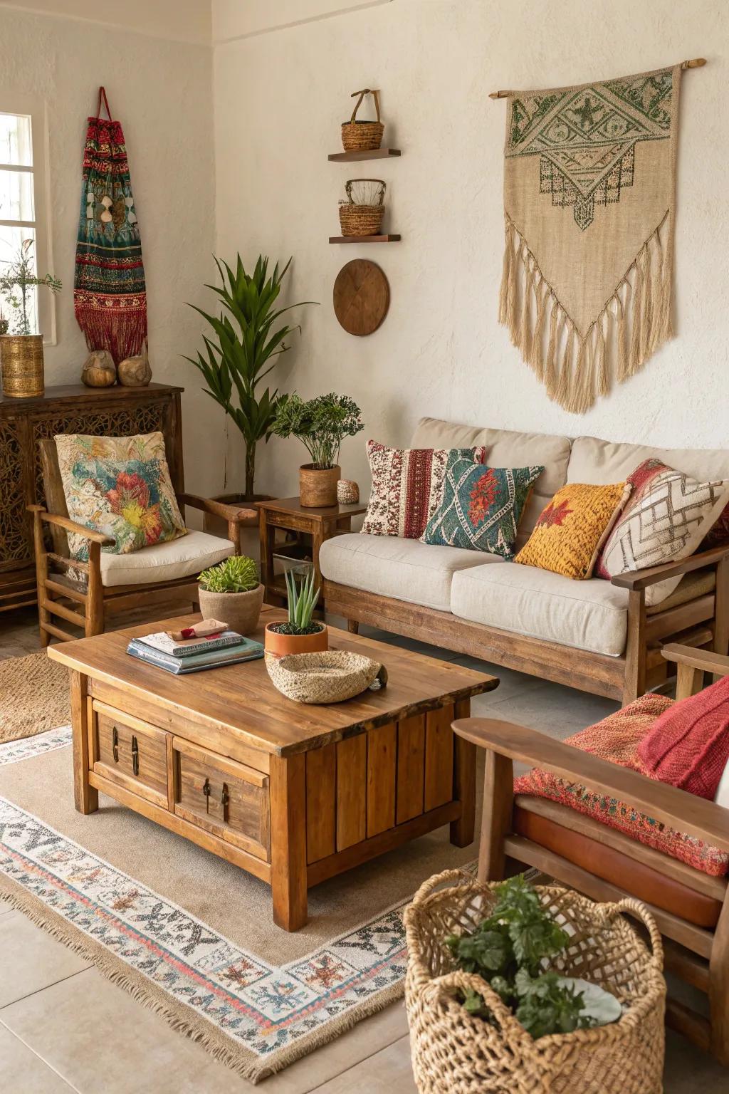 Lounge decorated with timber furniture and boho elements.