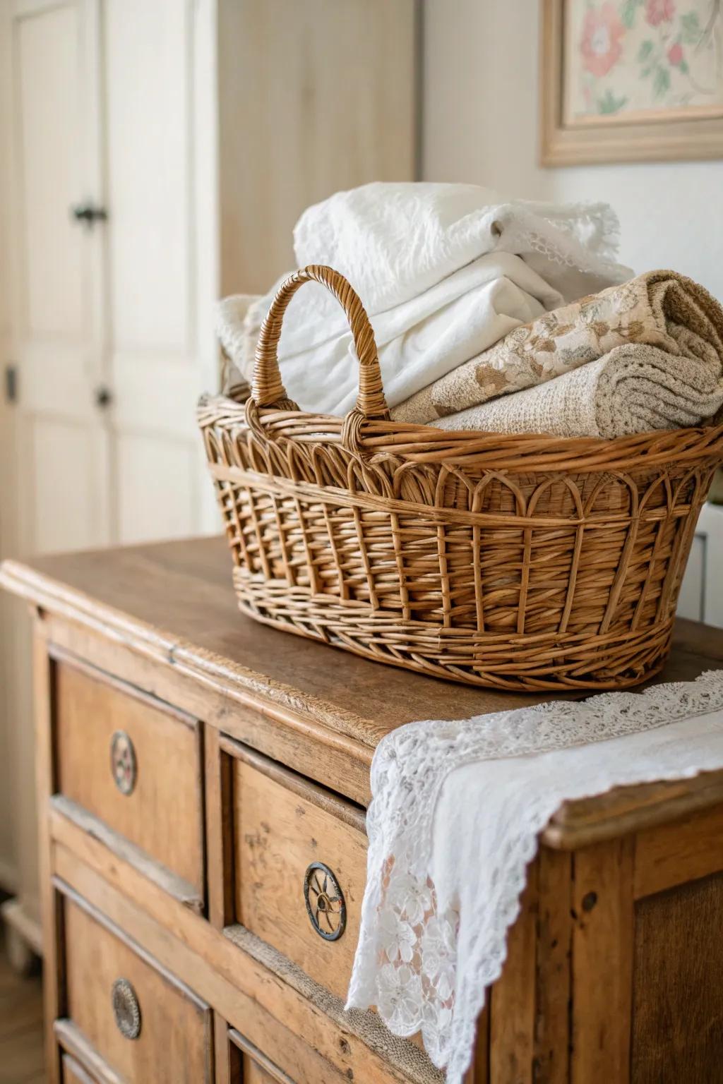 With a basket containing vintage cloths, any décor is sure to have a classic feel.