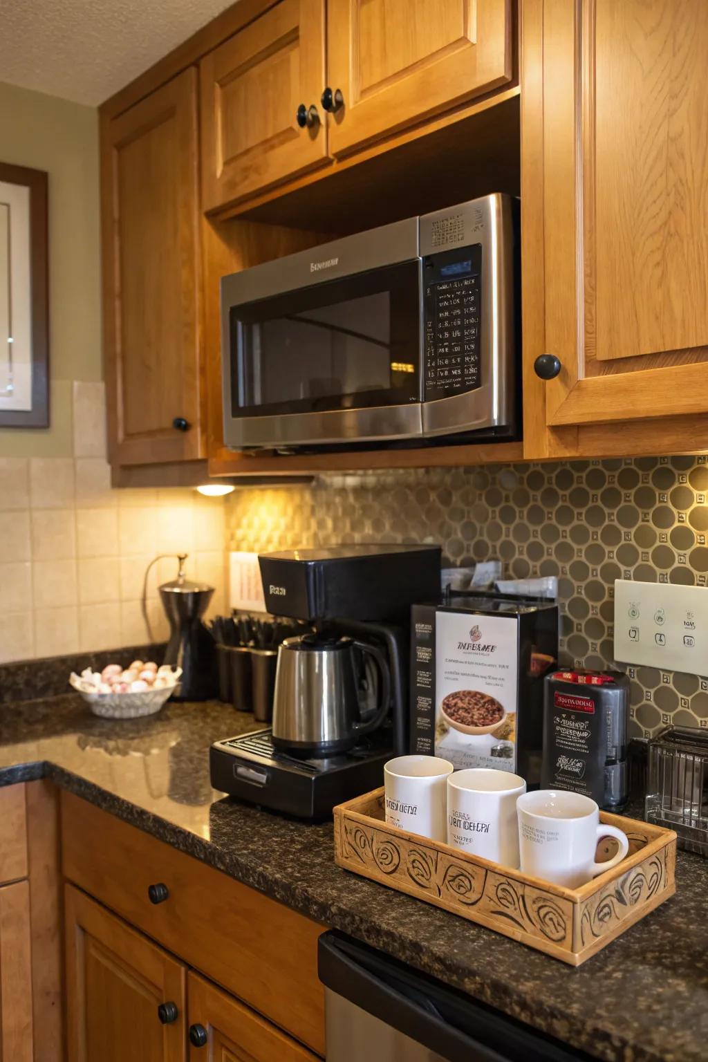 A wave cooker above the coffee spot streamlines your morning routine.