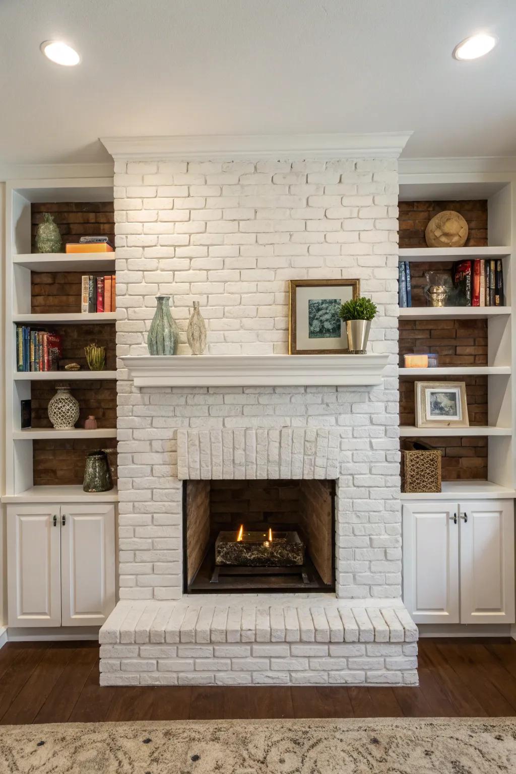 Inbuilt shelving solutions offer both display and storage capabilities around the fireplace.