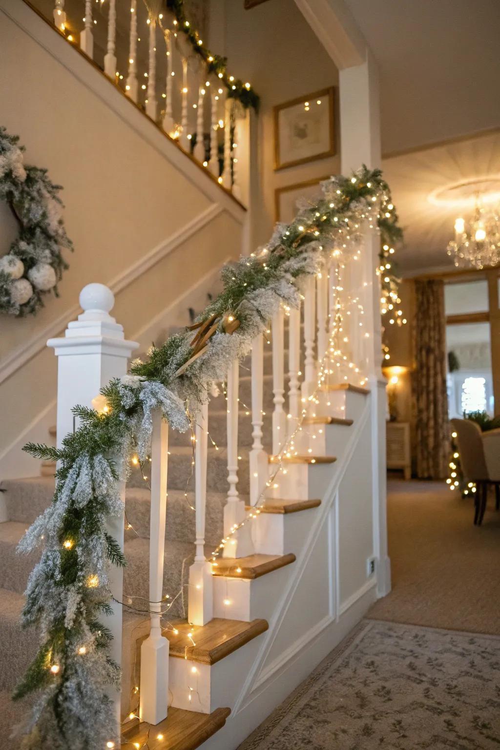 An icy swag staircase crafts a stunning entrance to your holiday abode.