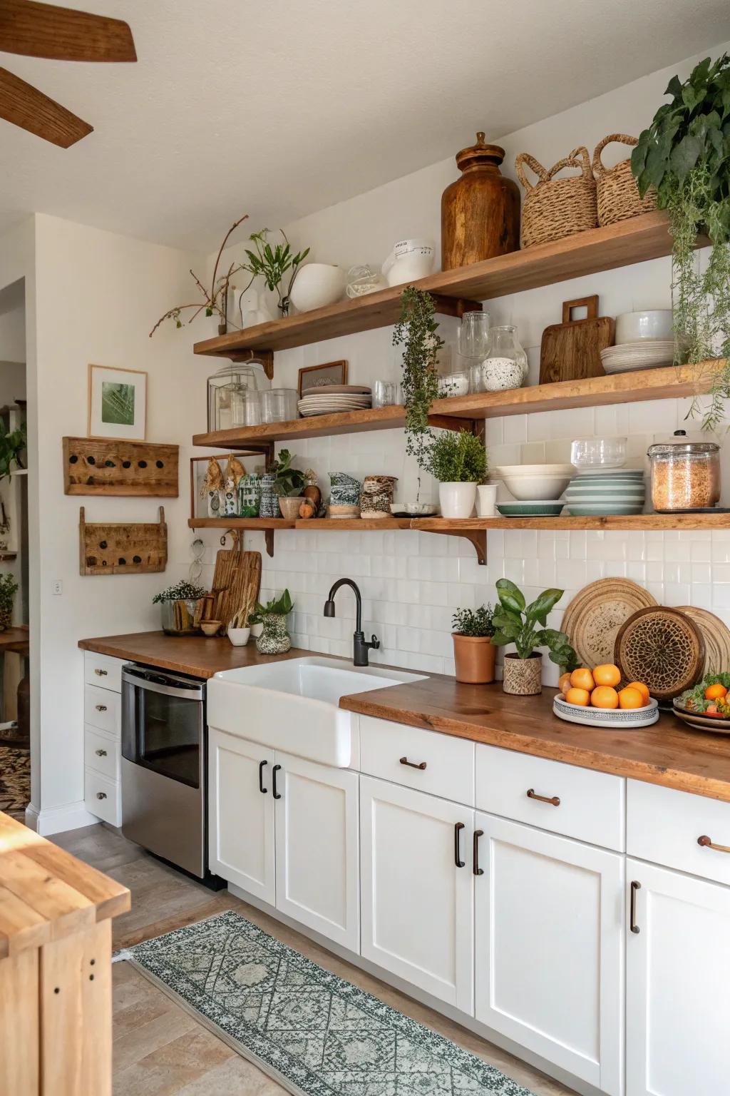 Eclectic decor items incorporate personality to the cooking area.