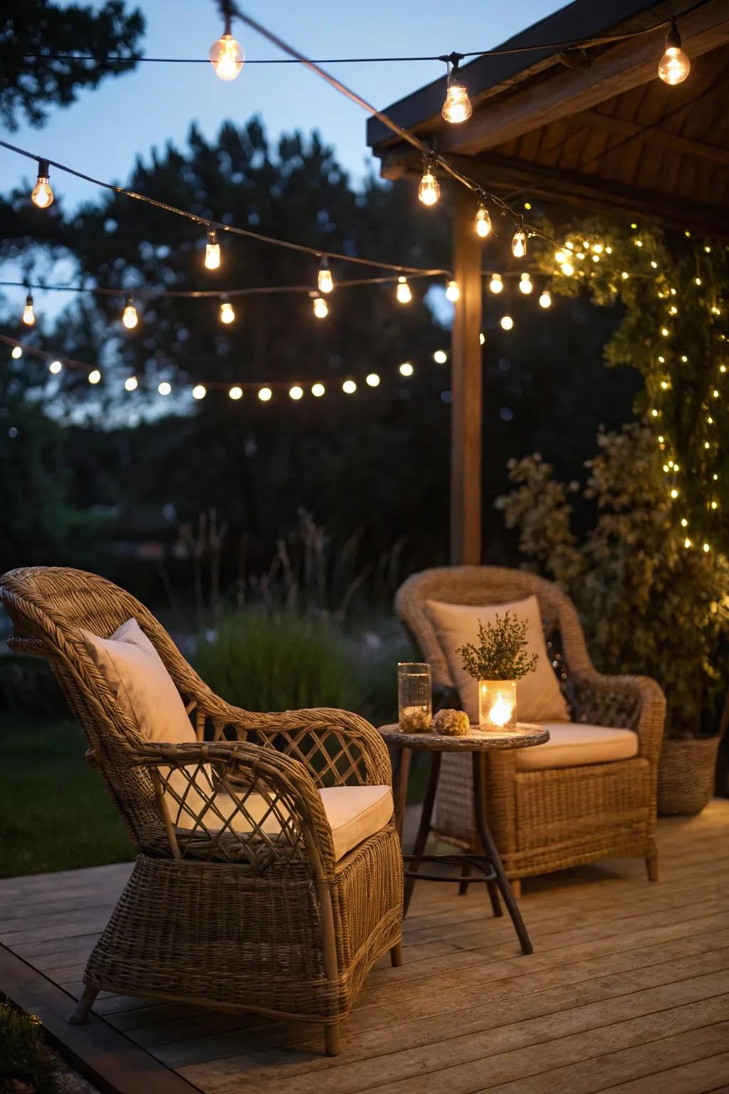 Enchanting evening ambiance with fairy lights.