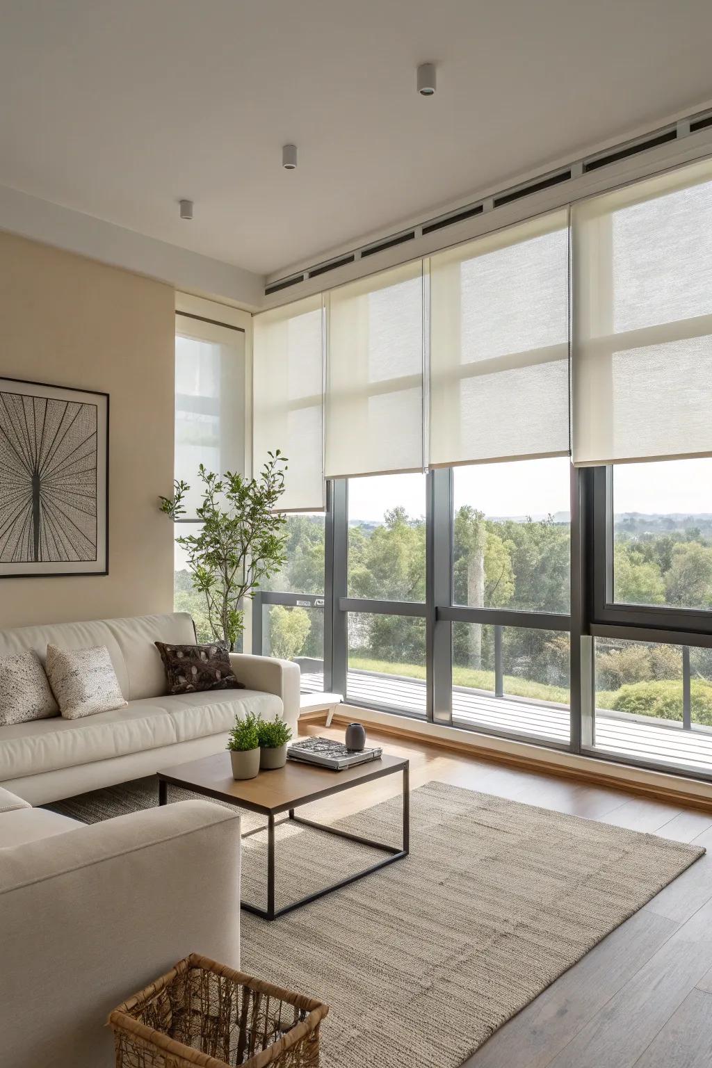 Roller shades offer a polished, minimalist charm.