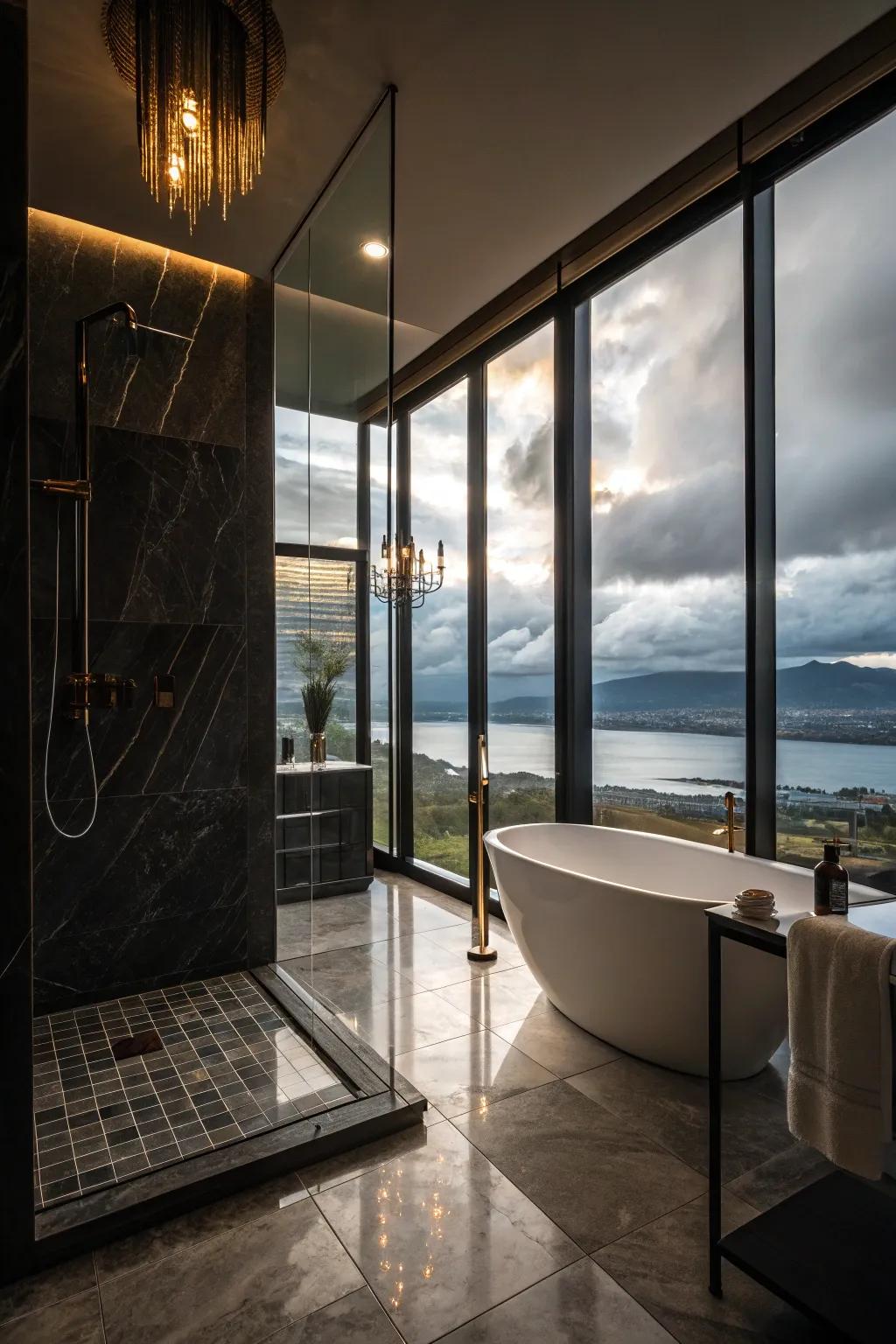 Spanning windows leave an indelible mark on the shower environment.