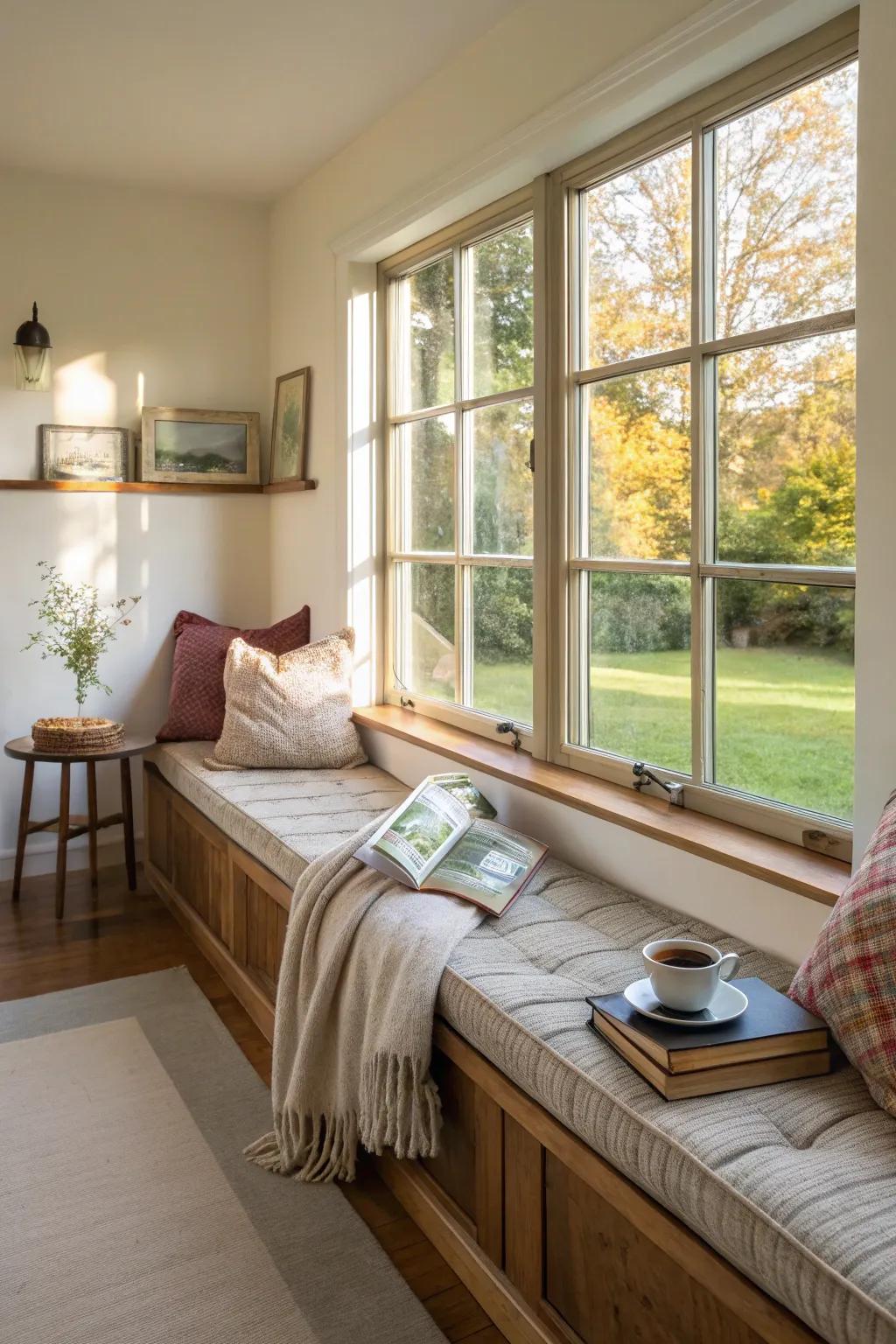 A long window seat gets the most out of area and usefulness.