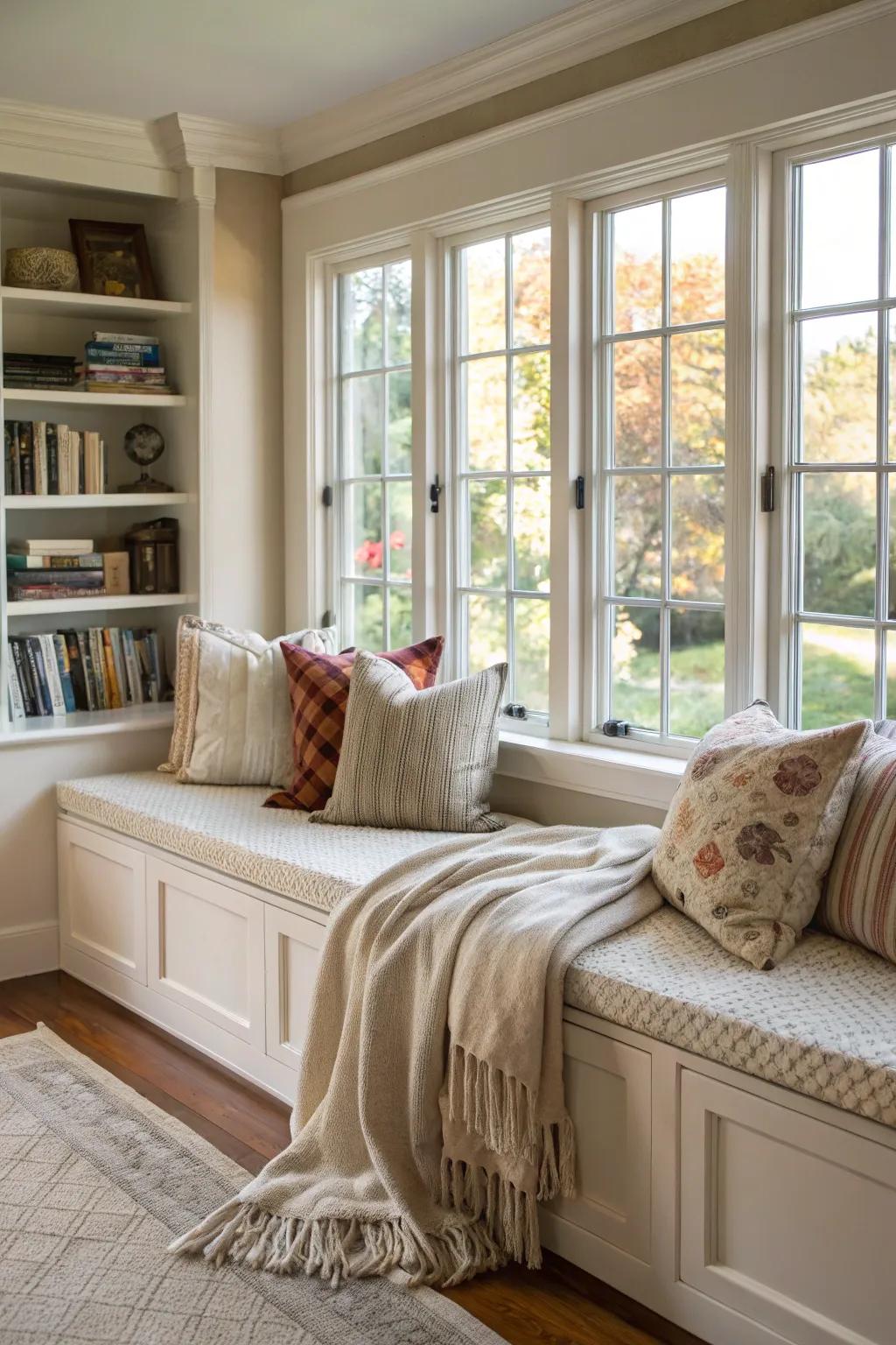 Window benches with comfy cushions create a cozy nook beneath casement windows.