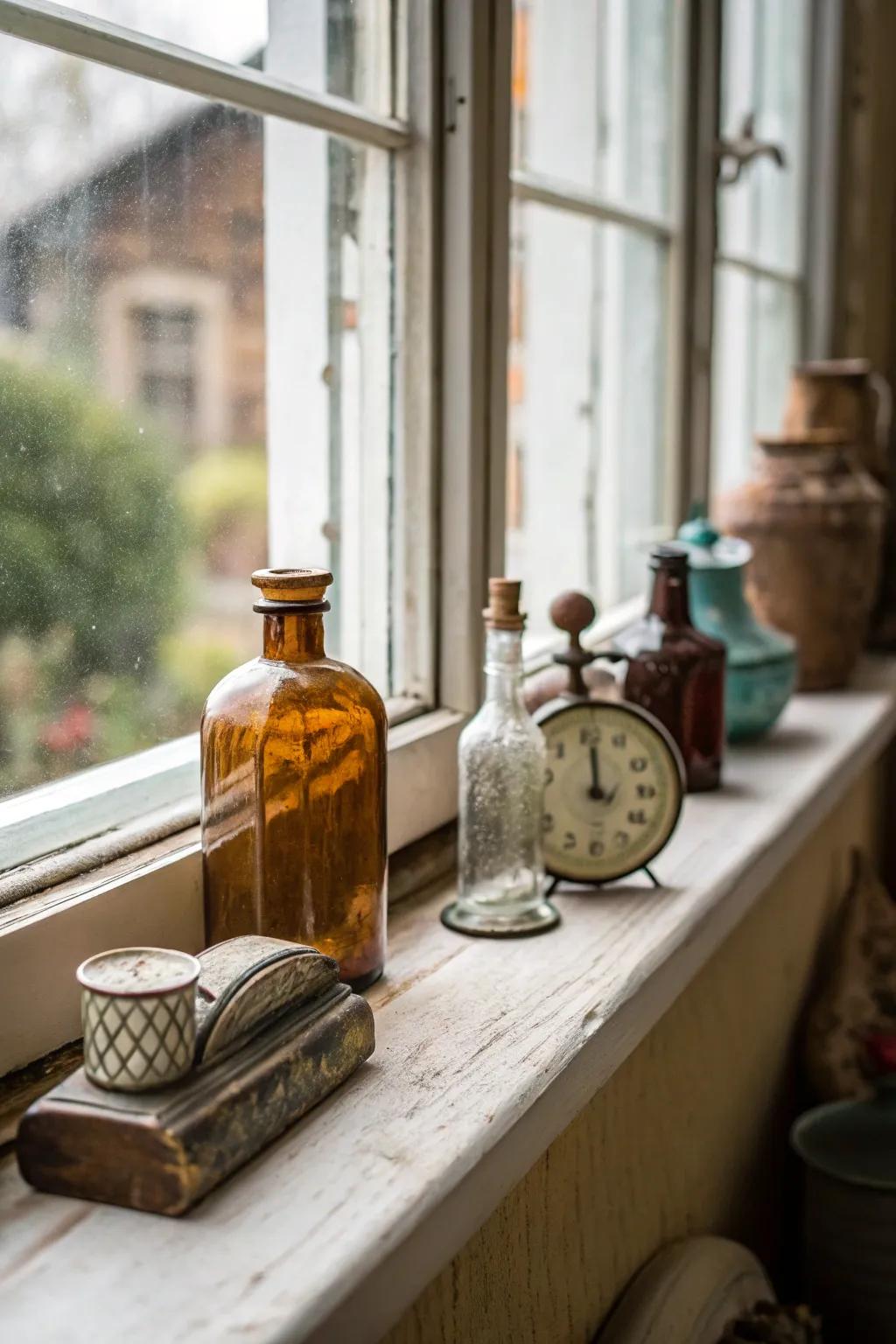 Aged discoveries introduce charm and a narrative to the windowsill.