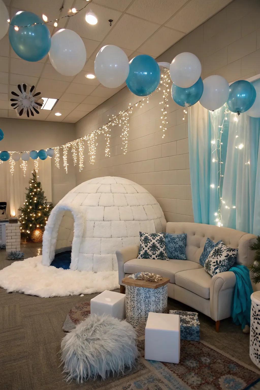 A distinctive Glacial Dwelling aesthetic featuring gentle tinges and snug seating.