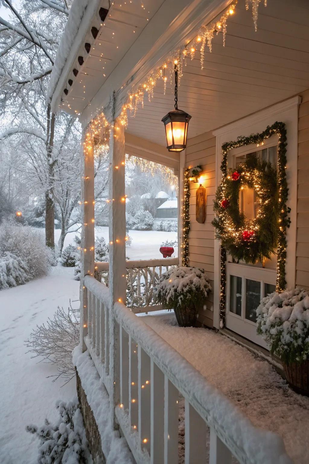 Artificial snow imparts a frosty touch to this winter porch.