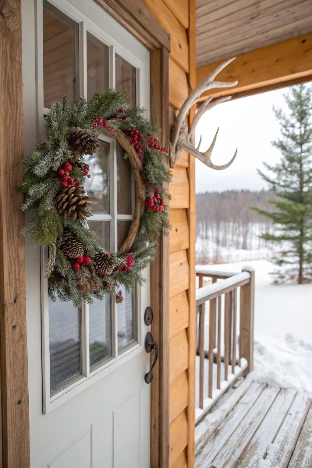 Imitation antlers add a quirky touch to this nature-inspired wreath.