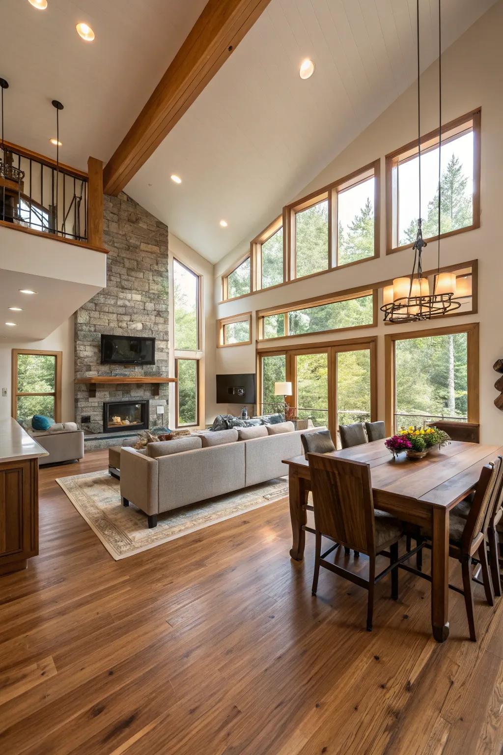 Open-plan home featuring linking timber flooring.