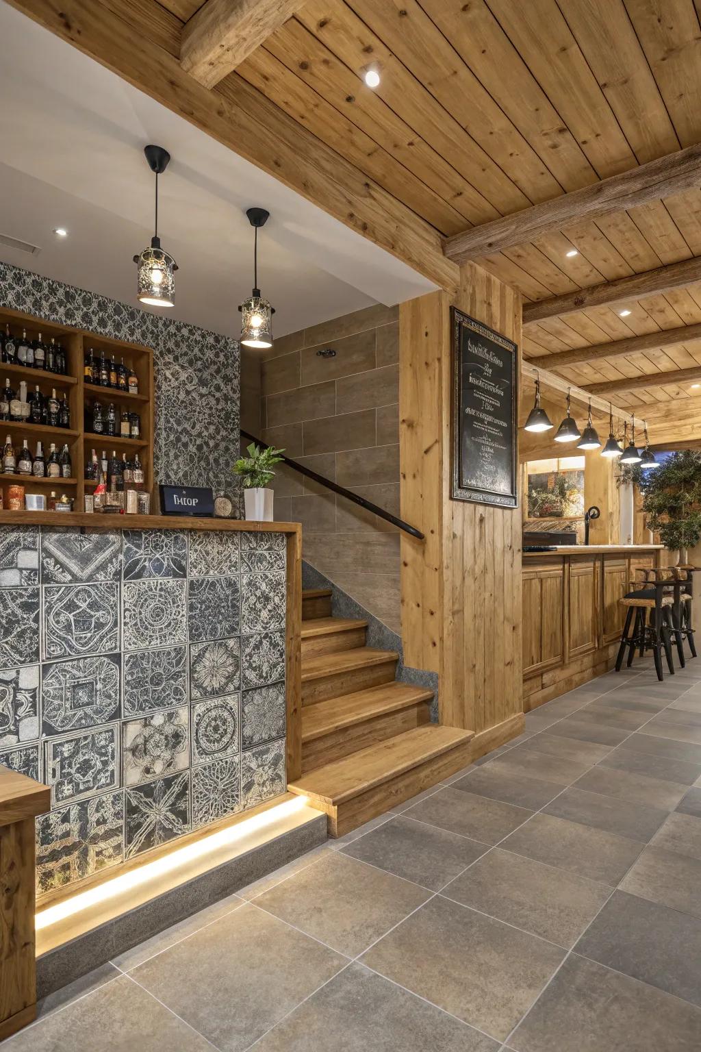Rustic wood meeting modern tiles in a stylish interior setting.