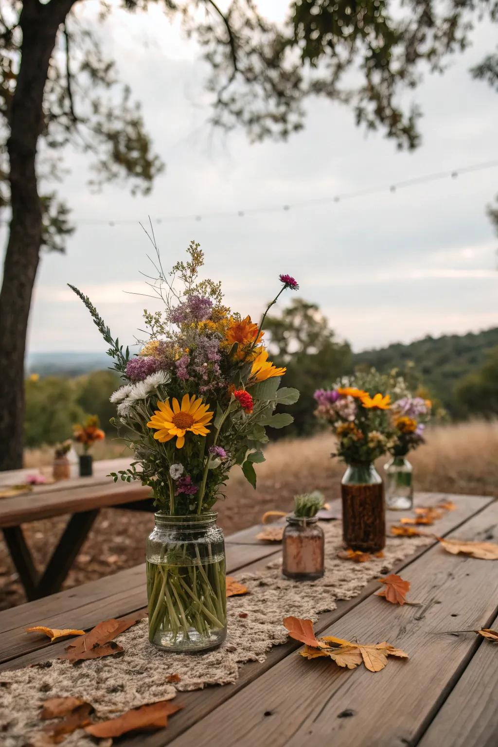 Glass container wildflower compositions add country charm to the decorations.