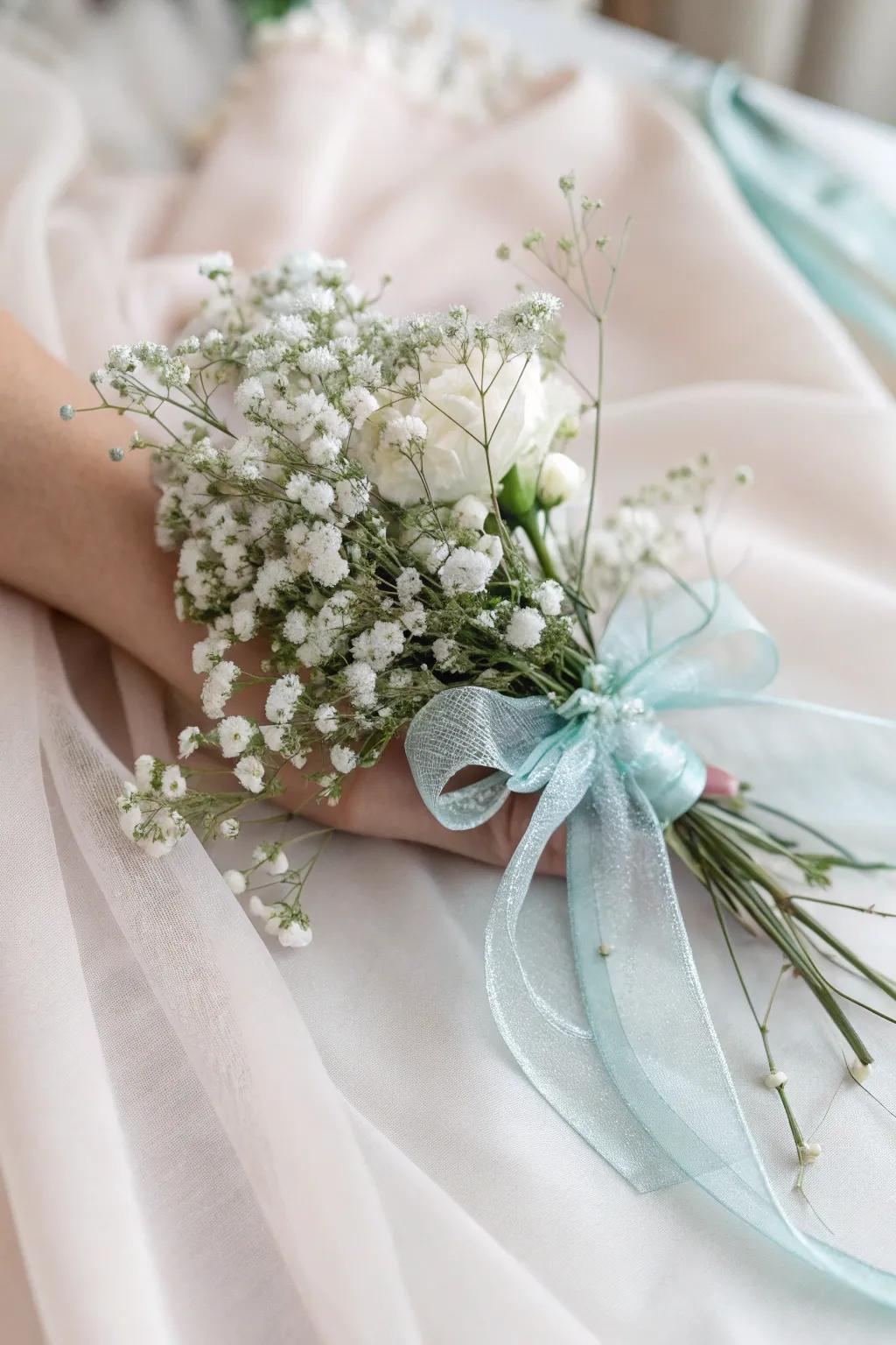 Ethereal wrist adornment featuring delicate angel's breath.