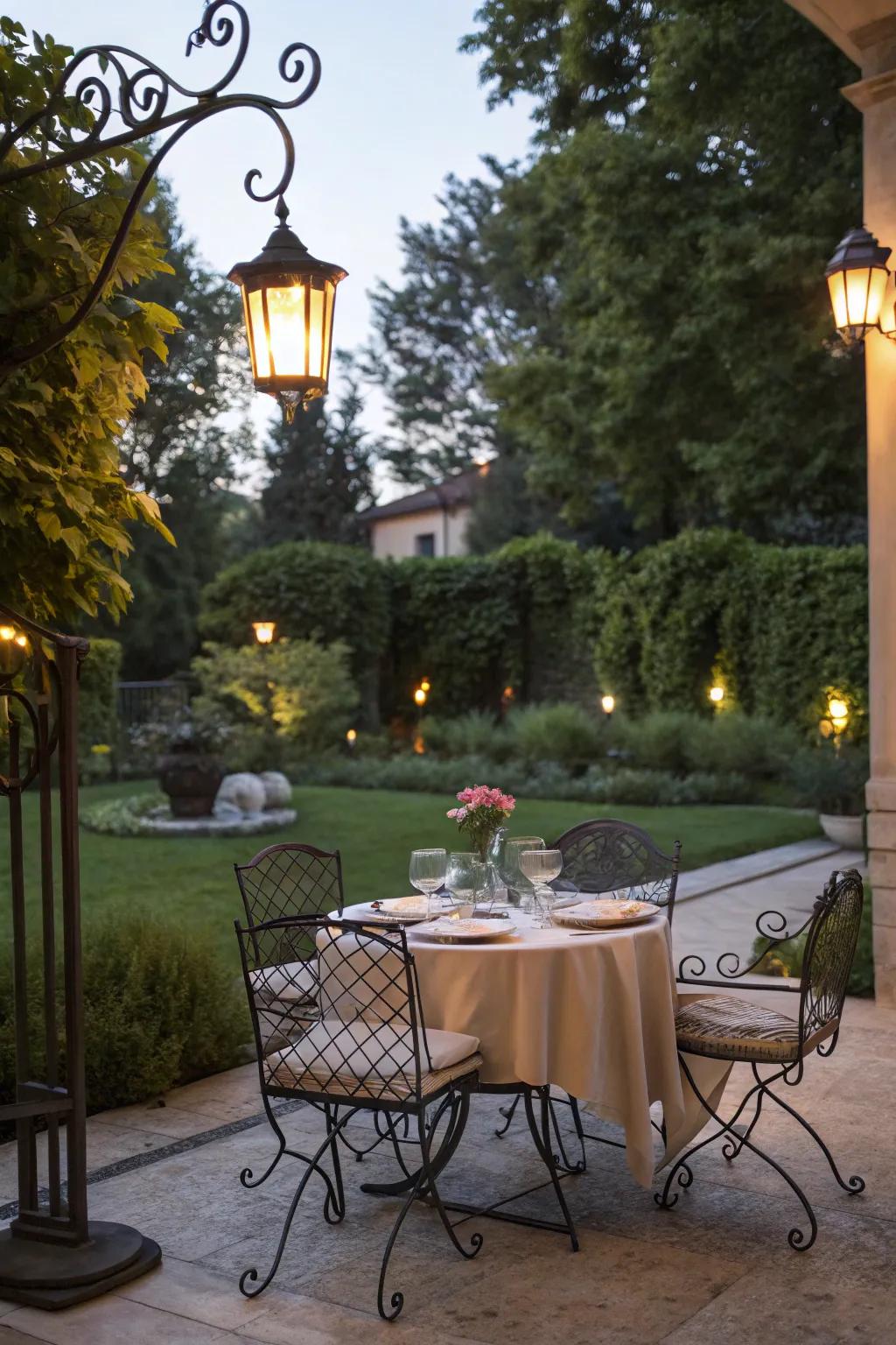 Ambiance of outdoor dining is enhanced by metal furniture.
