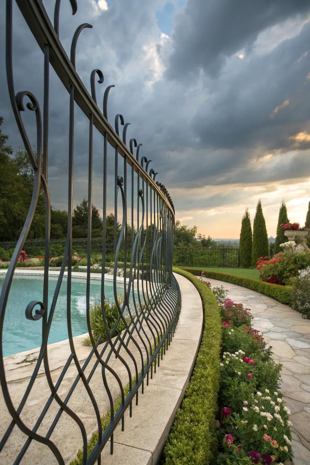 Arcing contours within the fashioned iron barricade formulate an elegant flow encircling the pool.