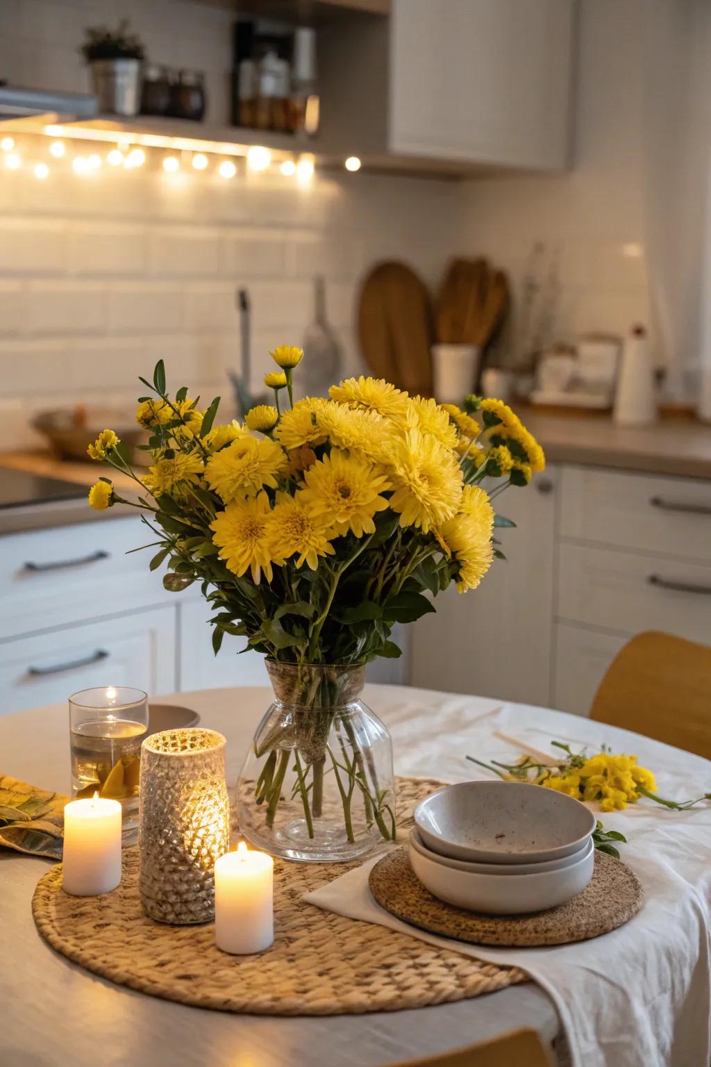 Yellow flowers inject natural splendor and radiance into the cooking area.