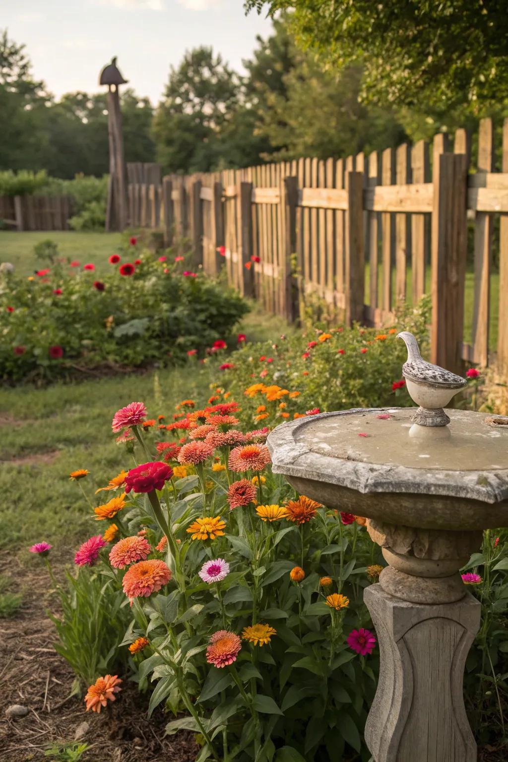 Natural charm in a blossify garden with a wooden enclosure and birdbath.