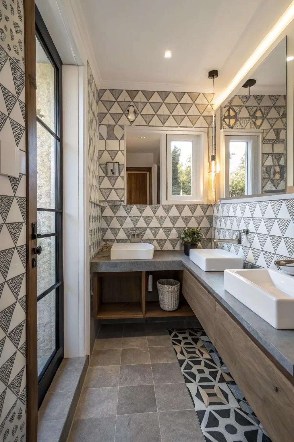 Geometric tiles introduce visual intrigue to this powder room.