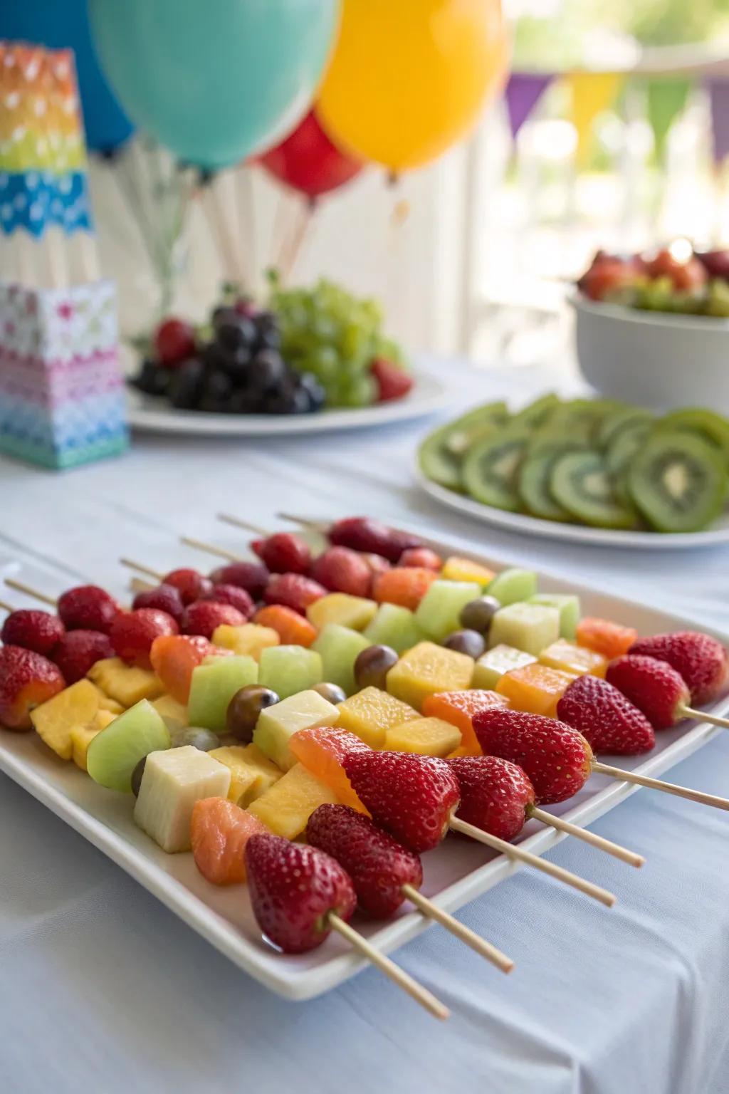 Fruit wands provision a wholesome and vibrant snack for gathering attendees.